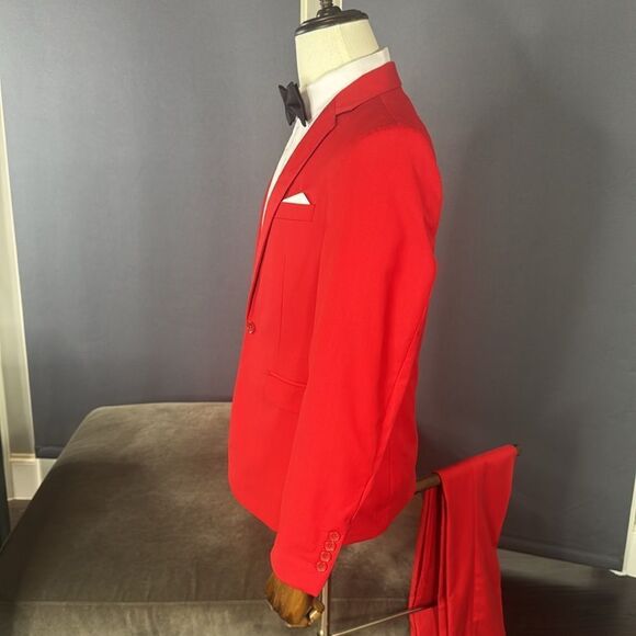 Men’s Red Slim Fit 2 Piece Prom Party Formal Suit Size 36 Jacket 32 Pants NEW - Picture 6 of 15